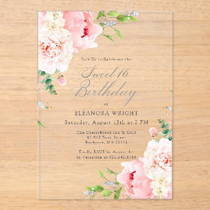 Invitations En Acrylique ACRYLIQUE TRANSPARENT Fleurs de Pivoine Roses 16 a