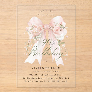 Invitations En Acrylique ACRYLIQUE TRANSPARENT Rose Florale à Ruban Rose 90