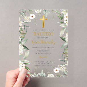 Invitations En Acrylique Acrylique verdure fleur blanche Baptême Espagnol