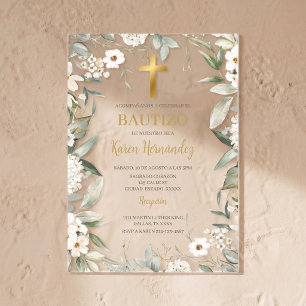 Invitations En Acrylique Acrylique verdure fleur blanche Baptême Espagnol