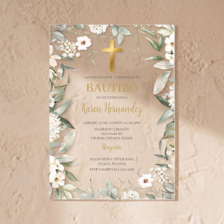 Invitations En Acrylique Acrylique verdure fleur blanche Baptême Espagnol