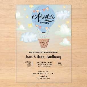 Invitations En Acrylique Adventure Await Blue Air Balloon Baby shower