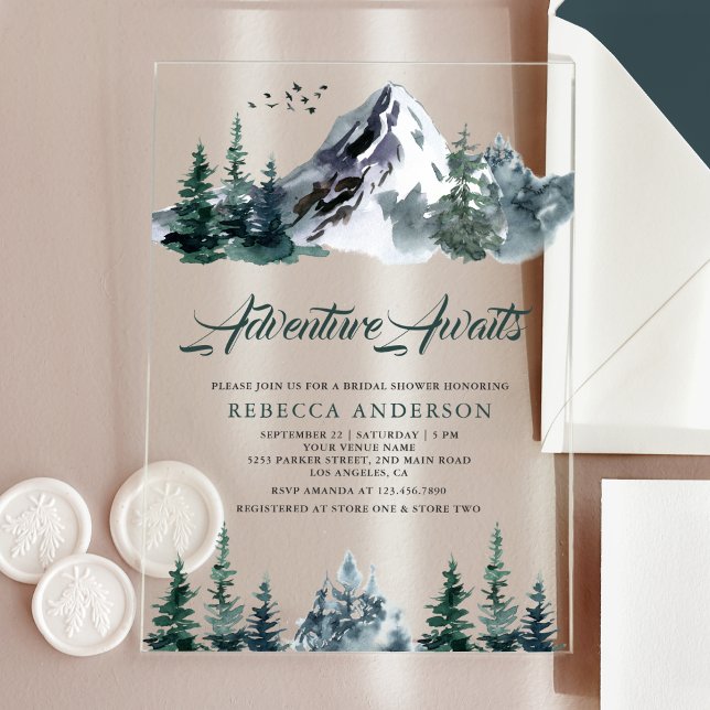 Invitations En Acrylique Adventure Awaits Mountain Forest Bridal Shower (Créateur téléchargé)