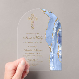 Invitations En Acrylique Agate Bleu Barbeau Première Communion