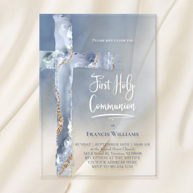 Invitations En Acrylique agate bleu | Première communion (Créateur téléchargé)