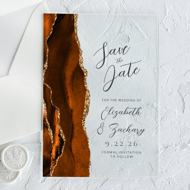 Invitations En Acrylique Agate Burnt Orange Gold Wedding Enregistrer la dat (Créateur téléchargé)