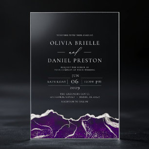 Invitations En Acrylique Agate d'argent violet Élégant Mariage moderne