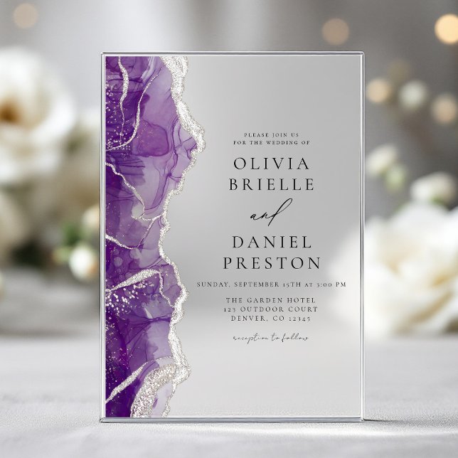 Invitations En Acrylique Agate d'argent violet Élégant Mariage moderne (Créateur téléchargé)