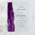 Invitations En Acrylique Agate d'argent violet Mariage de script moderne<br><div class="desc">Le bord gauche de cette élégante faire-part de mariage moderne est orné d'une bordure d'aquarelle violette ornée d'une parties scintillant en faux argent. Le texte personnalisable combine des polices de script et sans serif en gris fusain sur un arrière - plan transparent clair.</div>
