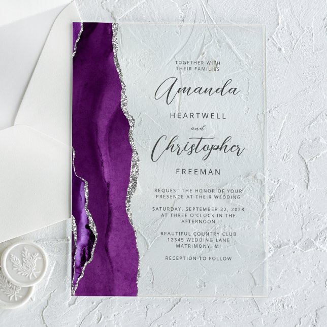 Invitations En Acrylique Agate d'argent violet Mariage de script moderne (Créateur téléchargé)