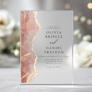 Invitations En Acrylique Agate d'or rose rose moderne mariage élégant