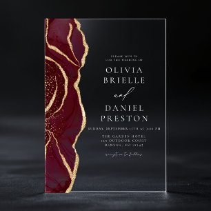 Invitations En Acrylique Agate dorée Bourgogne moderne Mariage élégant