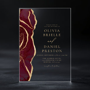 Invitations En Acrylique Agate dorée Bourgogne moderne Mariage élégant