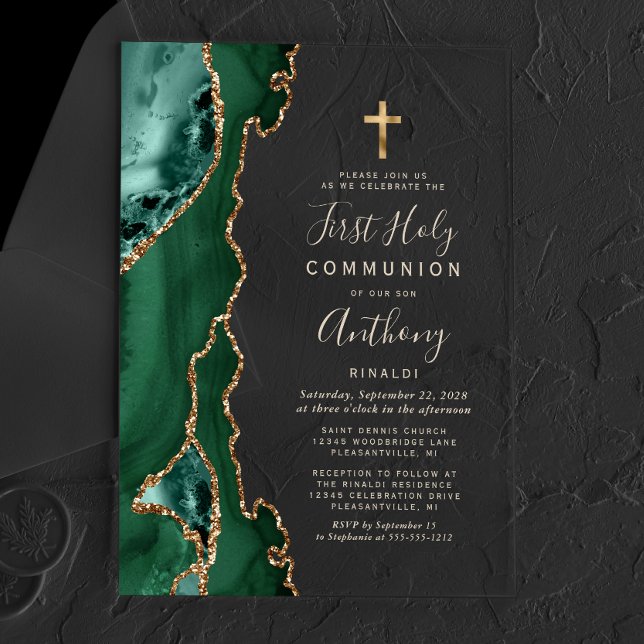 Invitations En Acrylique Agate Green Gold Texte Première Sainte Communion (Créateur téléchargé)