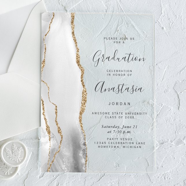 Invitations En Acrylique Agate gris blanc or gris diplôme (Créateur téléchargé)