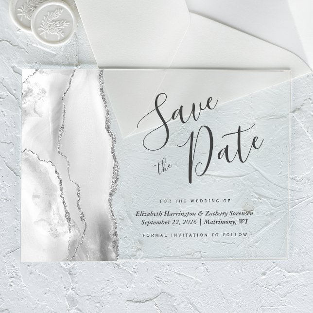 Invitations En Acrylique Agate moderne gris blanc argenté Enregistrer la ca (Créateur téléchargé)