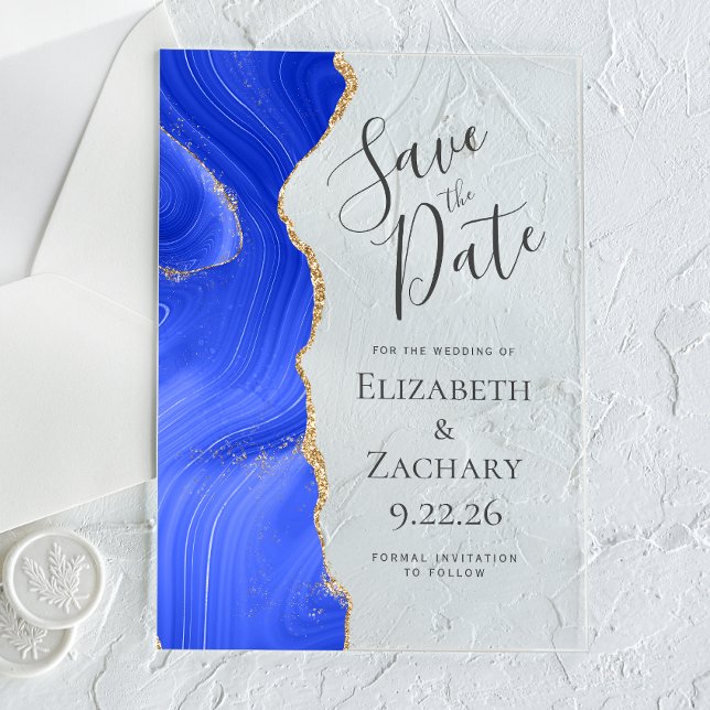 Invitations En Acrylique Agate moderne Royal Blue Gold Enregistrer la date (Créateur téléchargé)