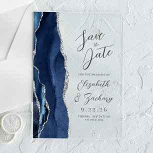 Invitations En Acrylique Agate Navy Blue Silver Modern Script Mariage