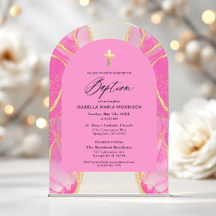 Invitations En Acrylique Agate Or Rose Baptême Féminin Moderne Élégant