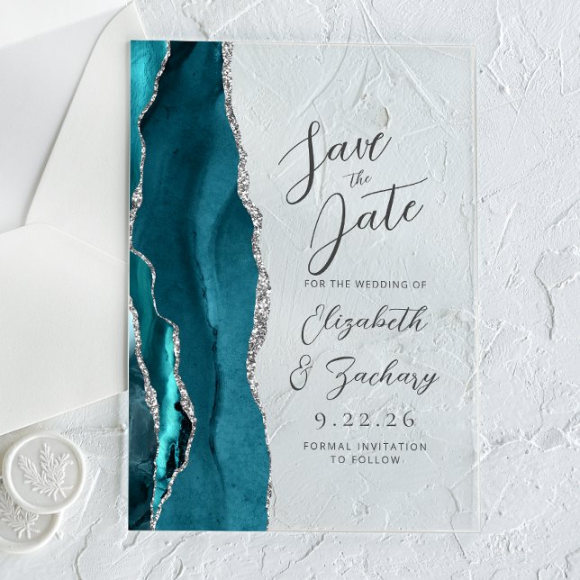 Invitations En Acrylique Agate Turquoise Silver Script Wedding Enregistrer  (Créateur téléchargé)