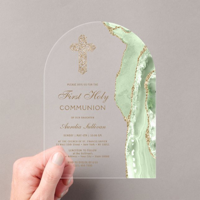 Invitations En Acrylique Agate Vert Sauge Première Communion (In situ (ordinateur de poche))