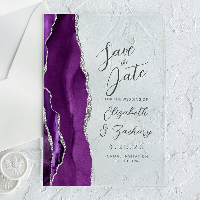 Invitations En Acrylique Agate Violet Argent Écriture Mariage Enregistrez l (Créateur téléchargé)