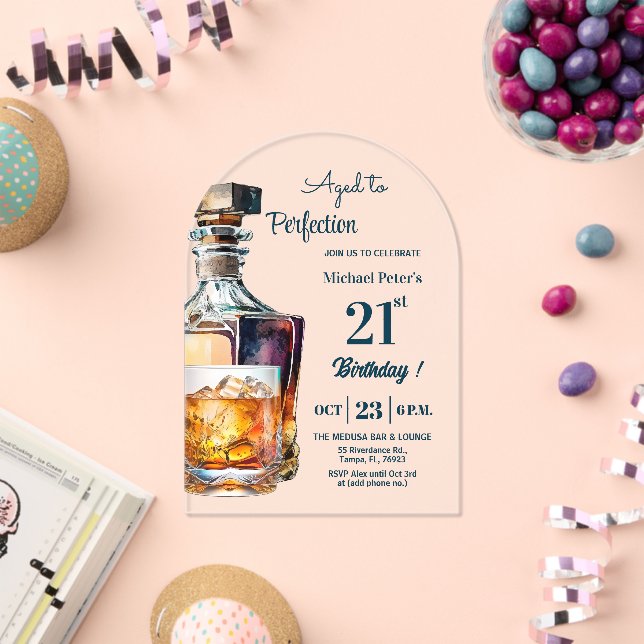 Invitations En Acrylique Aged to Perfection Men 21st Whiskey Birthday  (Insitu (Célébration))