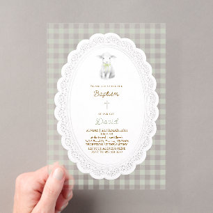 Invitations En Acrylique agneau rustique mignon sauge vert gingham Baptêm