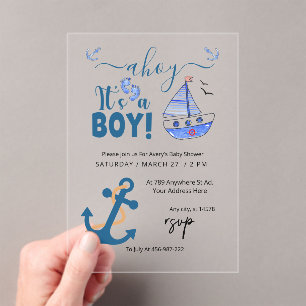 Invitations En Acrylique Ahoy C'est un garçon Ancre Baby shower nautique Bl