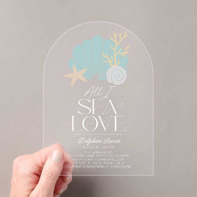 Invitations En Acrylique All I Sea is Love Blue Seashells Bridal Shower (In situ (ordinateur de poche))