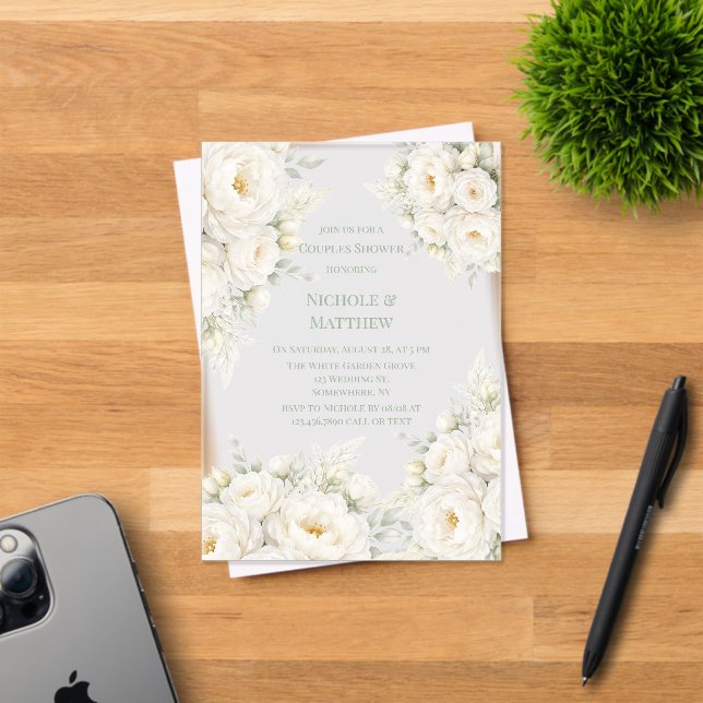 Invitations En Acrylique All White Floral Wedding Couples Shower (Insitu (Carte d'invitation))