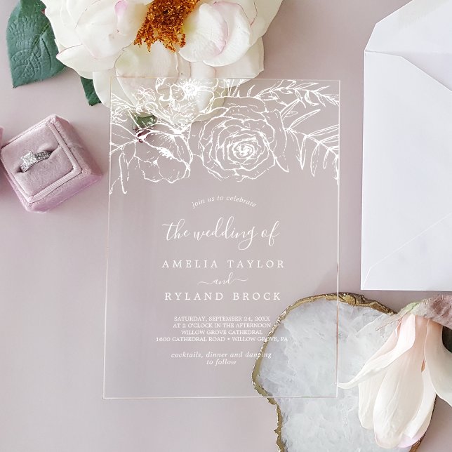 Invitations En Acrylique AMELIA Blanc Bohème Floral Mariage (Créateur téléchargé)