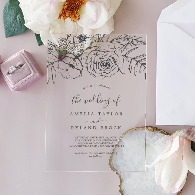 Invitations En Acrylique AMELIA Classic Bohème Floral Mariage (AMELIA Classic Bohemian Floral Botanical Wedding Acrylic Invitations)
