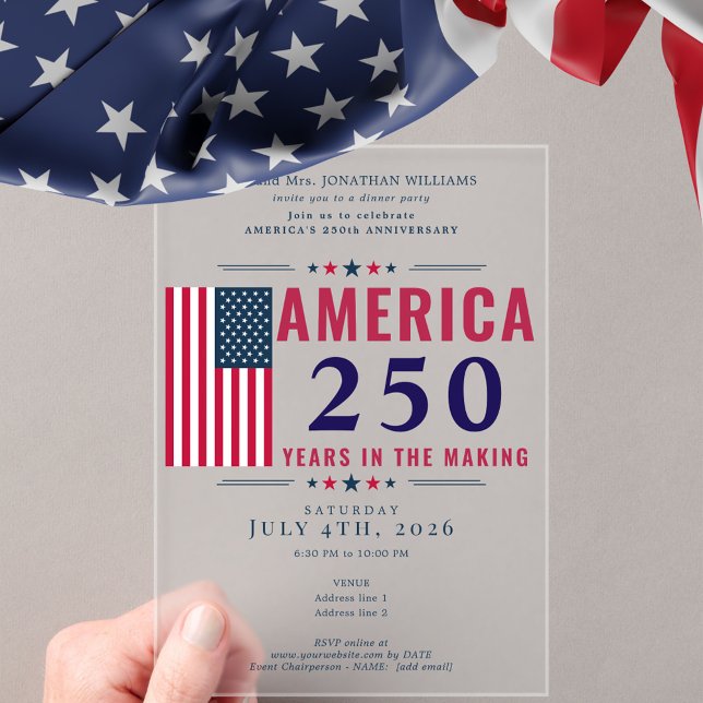 Invitations En Acrylique America 250 USA Flag Patriotic 4th of July Formal (America 250th Semiquincentennial Anniversary July Fourth 2026 Fundraiser Gala Party)