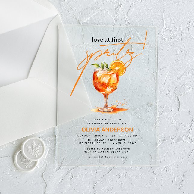 Invitations En Acrylique Amour à la Fête des mariées orange First Spritz (Créateur téléchargé)