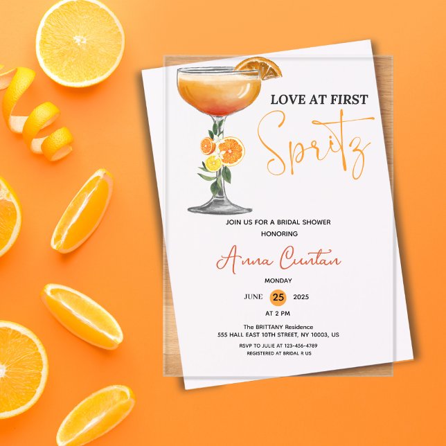 Invitations En Acrylique Amour au Premier Spritz Cocktail de Réception de M (love at first spritz bridal shower invitations cocktail drink modern bride citrus orange italy her)