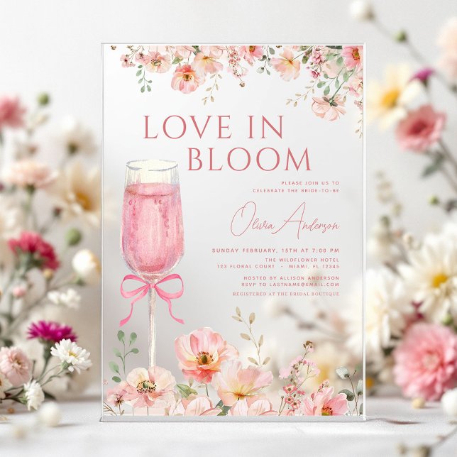 Invitations En Acrylique Amour en Fleur Champagne Fête des mariées Bow Rose (Créateur téléchargé)