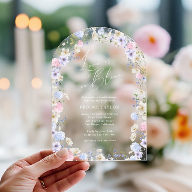 Invitations En Acrylique Amour En Fleur Floral Rose Violet Fête des mariées (Love In Bloom Floral Pink Purple Bridal Shower Acrylic Invitations)