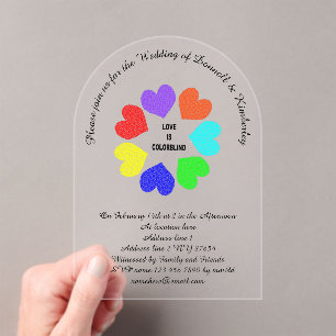 Invitations En Acrylique Amour interracial Coeurs arc-en-ciel Mariage perso