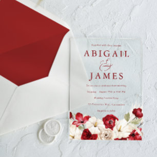 Invitations En Acrylique Amour romantique : mariage floral rouge rubis et b