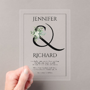 Invitations En Acrylique Ampersand, fleurs blanches et mariage eucalyptus