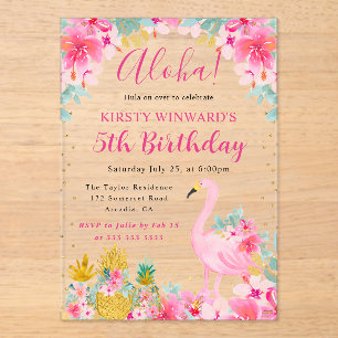 Invitations En Acrylique Ananas roses et dorés et Anniversaire de Flamant R
