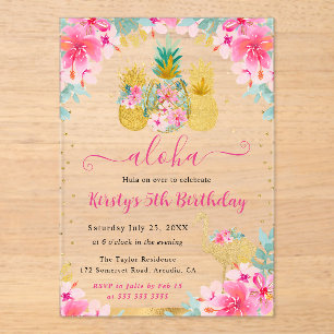 Invitations En Acrylique Ananas roses et dorés et Anniversaire de Flamant R
