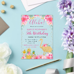 Invitations En Acrylique Ananas roses et dorés et Anniversaire enfant flama