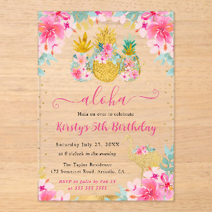 Invitations En Acrylique Ananas roses et dorés et anniversaire enfant Flama