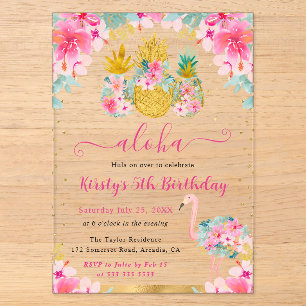 Invitations En Acrylique Ananas roses et dorés et anniversaire enfant flama