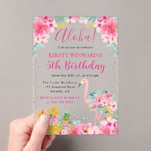 Invitations En Acrylique Ananas roses et dorés et anniversaire enfant flama
