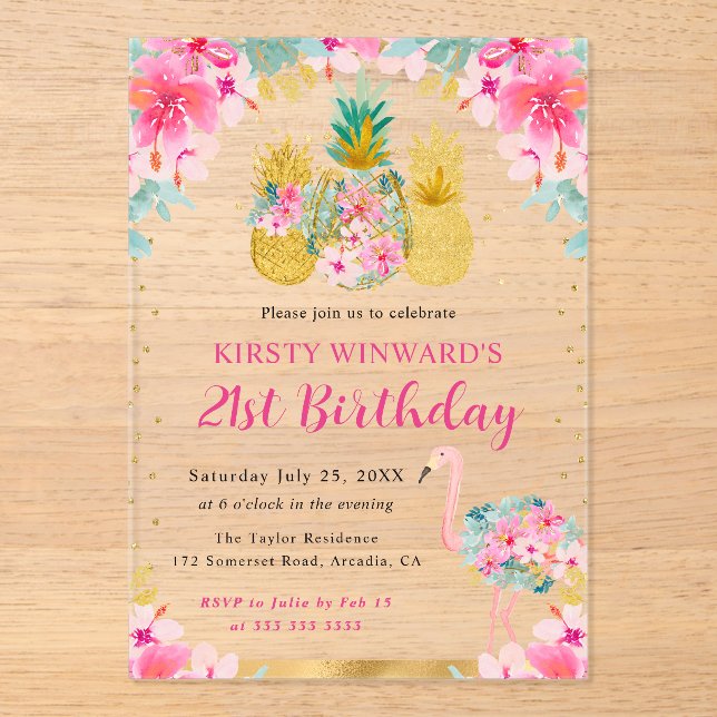 Invitations En Acrylique Ananas roses et dorés & Flamant rose 21e anniversa (Recto)