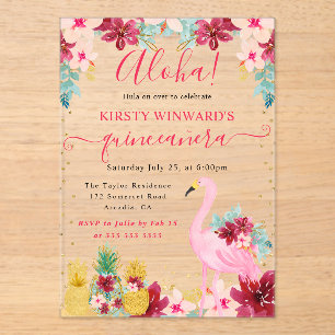 Invitations En Acrylique Ananas roses et dorés & Quinceanera flamant rose