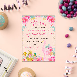 Invitations En Acrylique Ananas roses et dorés & Quinceanera flamant rose